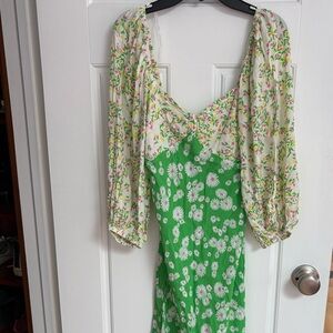 RIXO Green and Cream Floral Long Sleeve Dress